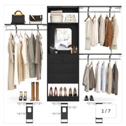 96 Inch Closet Organizer System, 8FT Walk in Closet Insert with 25" Tower, 3 Hanging rods and Top Shelves, Heavy Duty Clothing Wardrobe with 4 Drawers