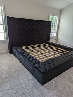 π₯ Luxury Black & Gray Tufted Upholstered Storage Platform Bed Frame | King & Queen | Wingback Headboard - Opt Mattress | Pay After Delivery π