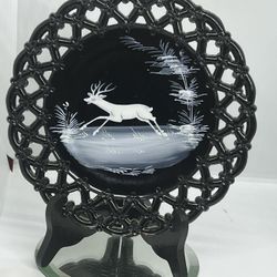 Westmoreland Black Glass Mary Gregory Winter Scene Deer Hand Painted Plate 8 1/2   This beautiful collector plate features a stunning winter scene wit