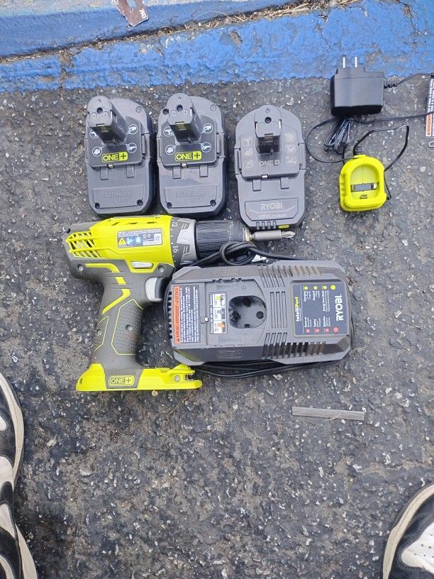 Ryobi One+ Cordless Drill With Three Batteries,Two Chargers