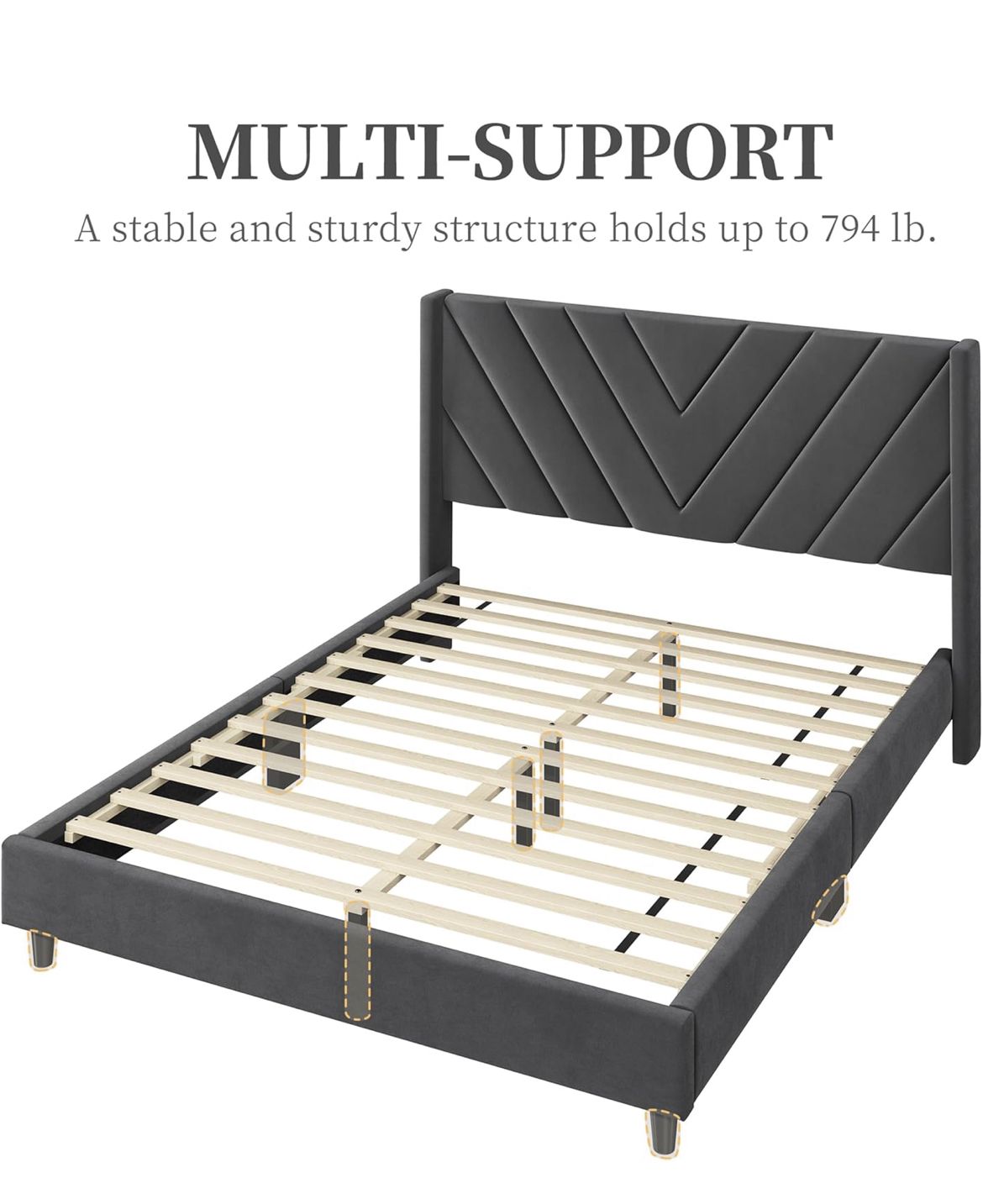 Queen Bed Frame Upholstered Platform Bed/Wooden Slat Support/Tufted Headboard with Wing Side/Mattress Foundation/No Box Spring Needed,Dark Gray Queen