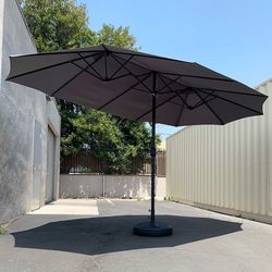 (NEW) $130 Large 15FT Double Sided Outdoor Umbrella w/ 65 LBS Plastic Weight Base (Red/Gray)