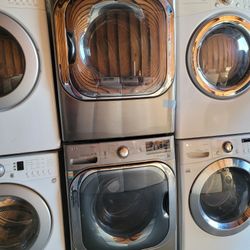 LG Stainless Steel MEGA CAPACITY 5.2CU FT FRONT LOAD WASHER AND STACKABLE Gas Dryer Set 
