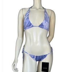 Naked Wardrobe Blue Smoke Marble String Bikini Set L NWT Adjustable Tie Swimwear