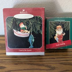 Hallmark 1988 Gone Fishing ornament in original box &VTG 1998 Hallmark Keepsake Catch Of The Season Santa Fishing Christmas Ornament