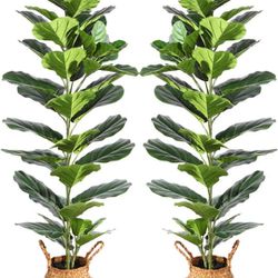 Ferrgoal Artificial Fiddle Leaf Fig 57 Inch Fake Ficus Lyrata Tree with 49 Leaves in Pot and Woven Seagrass Belly Basket Perfect Faux Plant for Home I