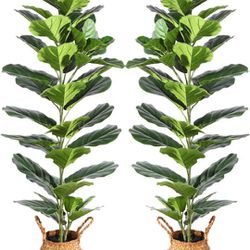 Ferrgoal Artificial Fiddle Leaf Fig 57 Inch Fake Ficus Lyrata Tree with 49 Leaves in Pot and Woven Seagrass Belly Basket Perfect Faux Plant for Home I