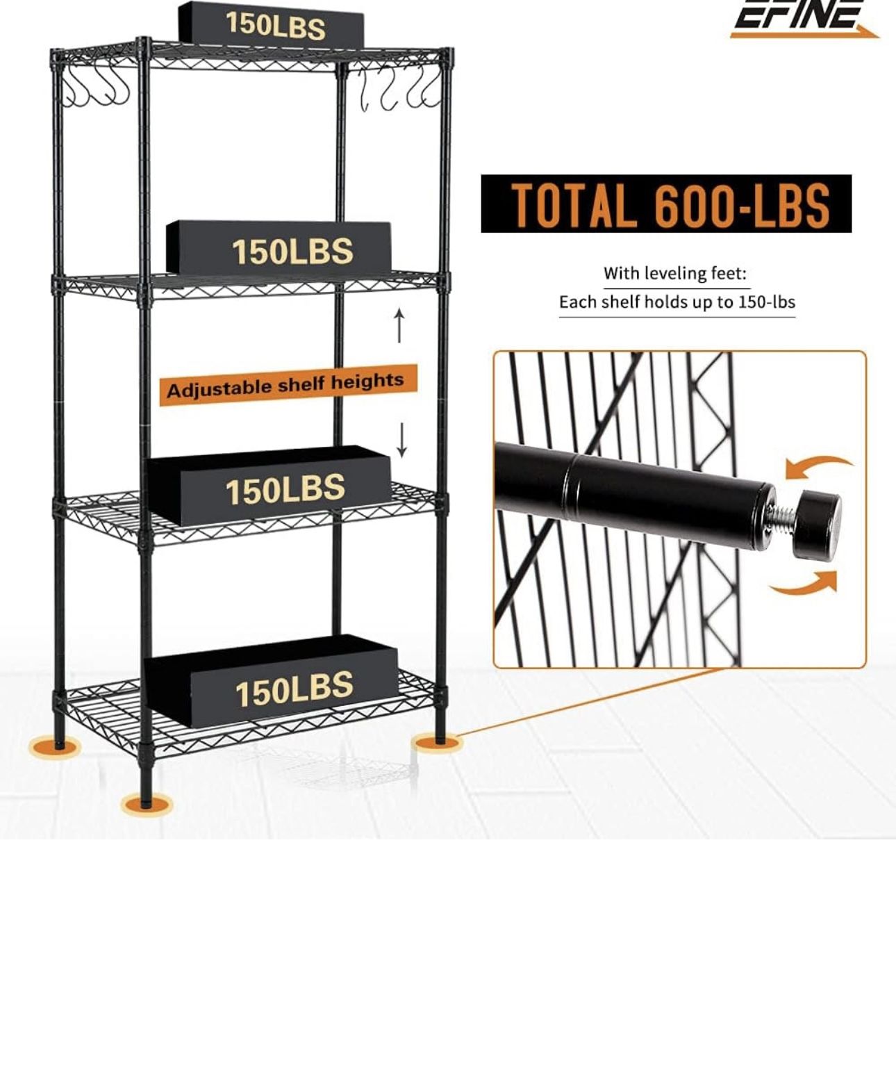4-Shelf Shelving Unit with 8 Hooks