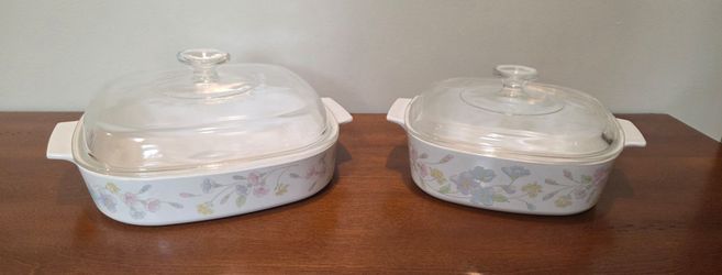 Vintage CorningWare Pastel Bouquet Casserole Dishes with Pyrex Lids - Set of 2