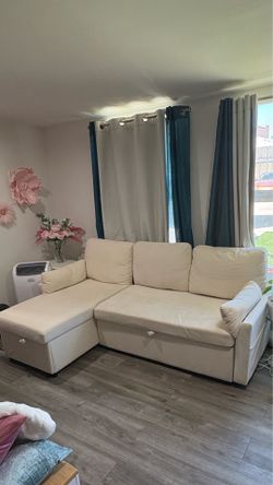 Cream Fabric Sectional Sofa with Chaise – Good Condition