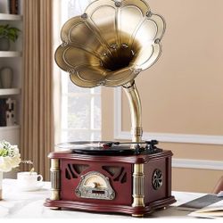 Vintage Gramophone with Bluetooth Output Vintage Record Players Retro Gramophone Turntables for 7" 9" 12" Vinyl Records 3 Speed, Hi-Fi, Handcrafted by