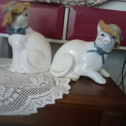 Two unique vintage White Ceramic Cats