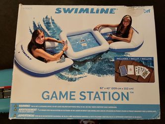 New…Swimline Game Station, an inflatable pool set in white and blue that includes a floating table, two armchairs with cup holders, and a deck of wate