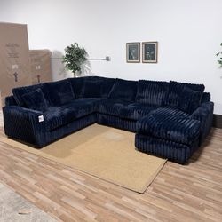 Blue Oversized Corduroy Sectional with Chaise
