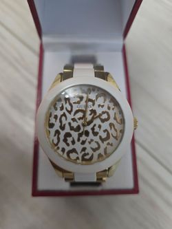 Guess Women's Gold & White Leopard Print Watch
