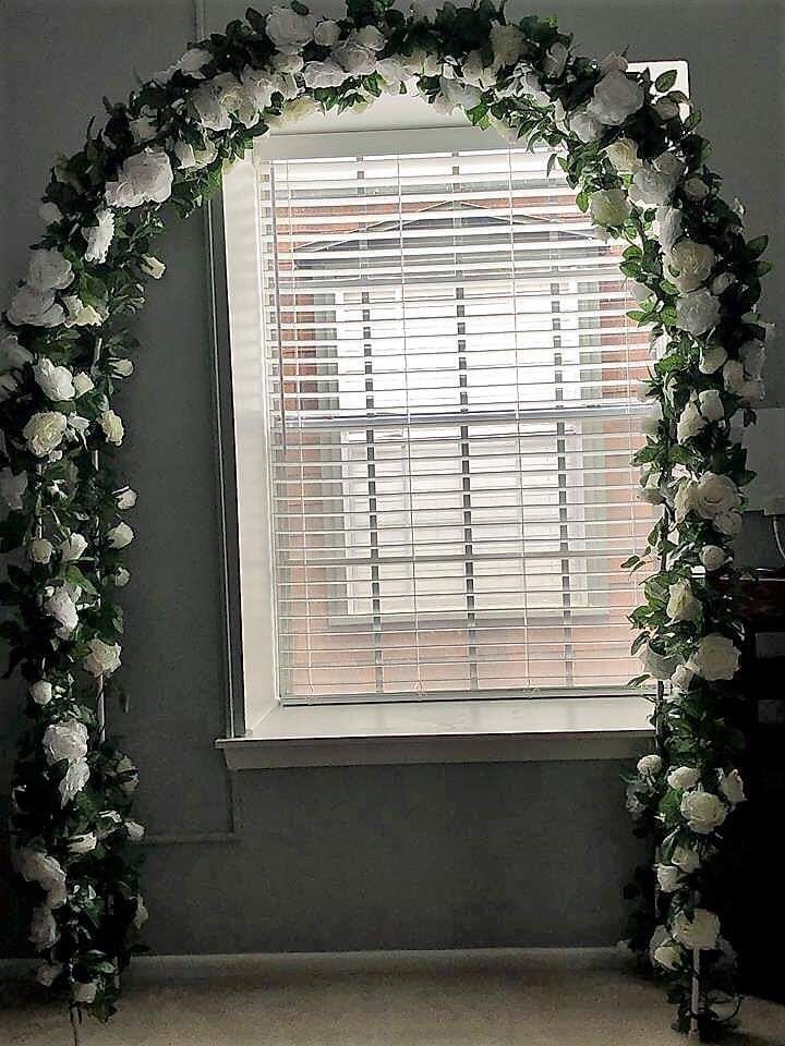 Adorox 7.5 ft lightweight white metal arch wedding garden bridal party decoration arbor with white flowers