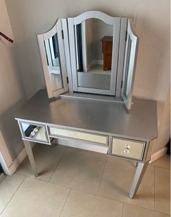 Silver Wood Vanity / Desk with Mirror
