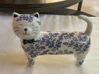 Blue & White Floral Ceramic Cat Figurine with Polka Dot Bow Tie