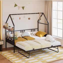 Daybed with Trundle, House Shaped Twin Bed Frame with Storage,Day Sofa Bed for Living Room, Bedroom and Guest Room,Black