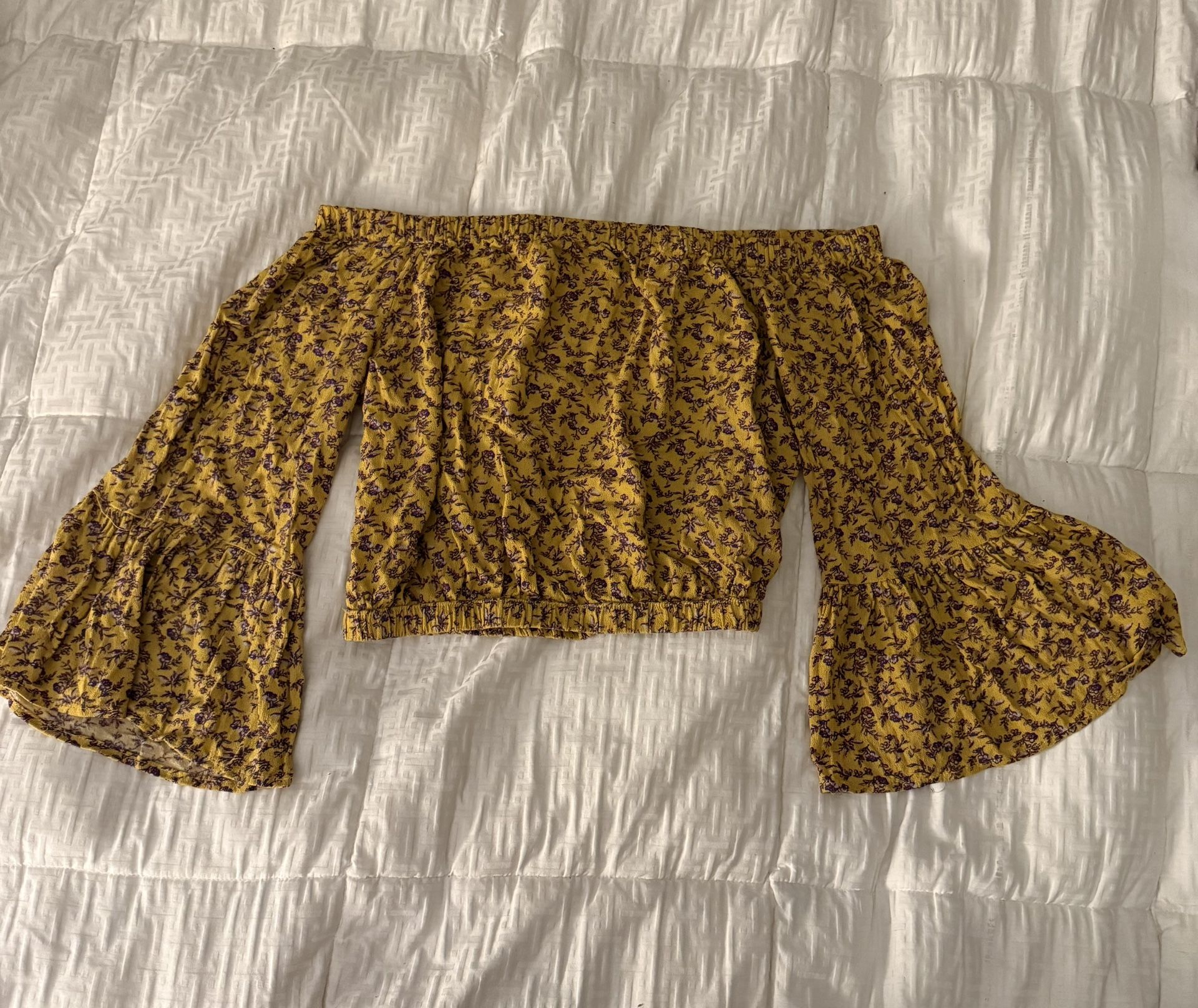 Bleuh Ciel Off the shoulder floral crop top shirt yellow bell sleeve size M boho