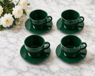 Vintage Ralph Lauren Italy Hunter Green Pottery Tea Cups & Saucers Set 4 Italy