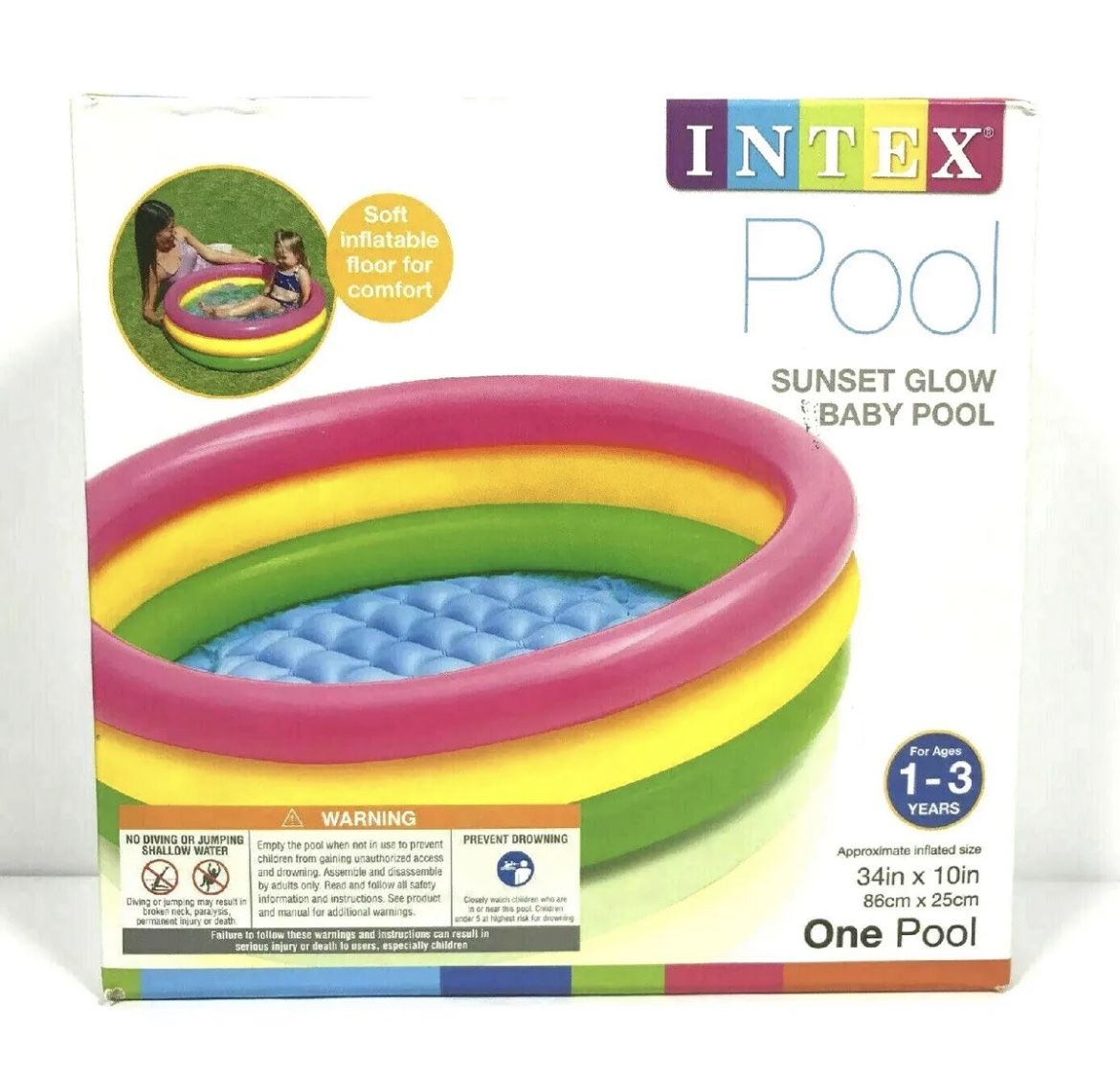 Intex Inflatable Colorful Baby Swimming Pool 34 x 10 Sunset Glow 3 Ring
