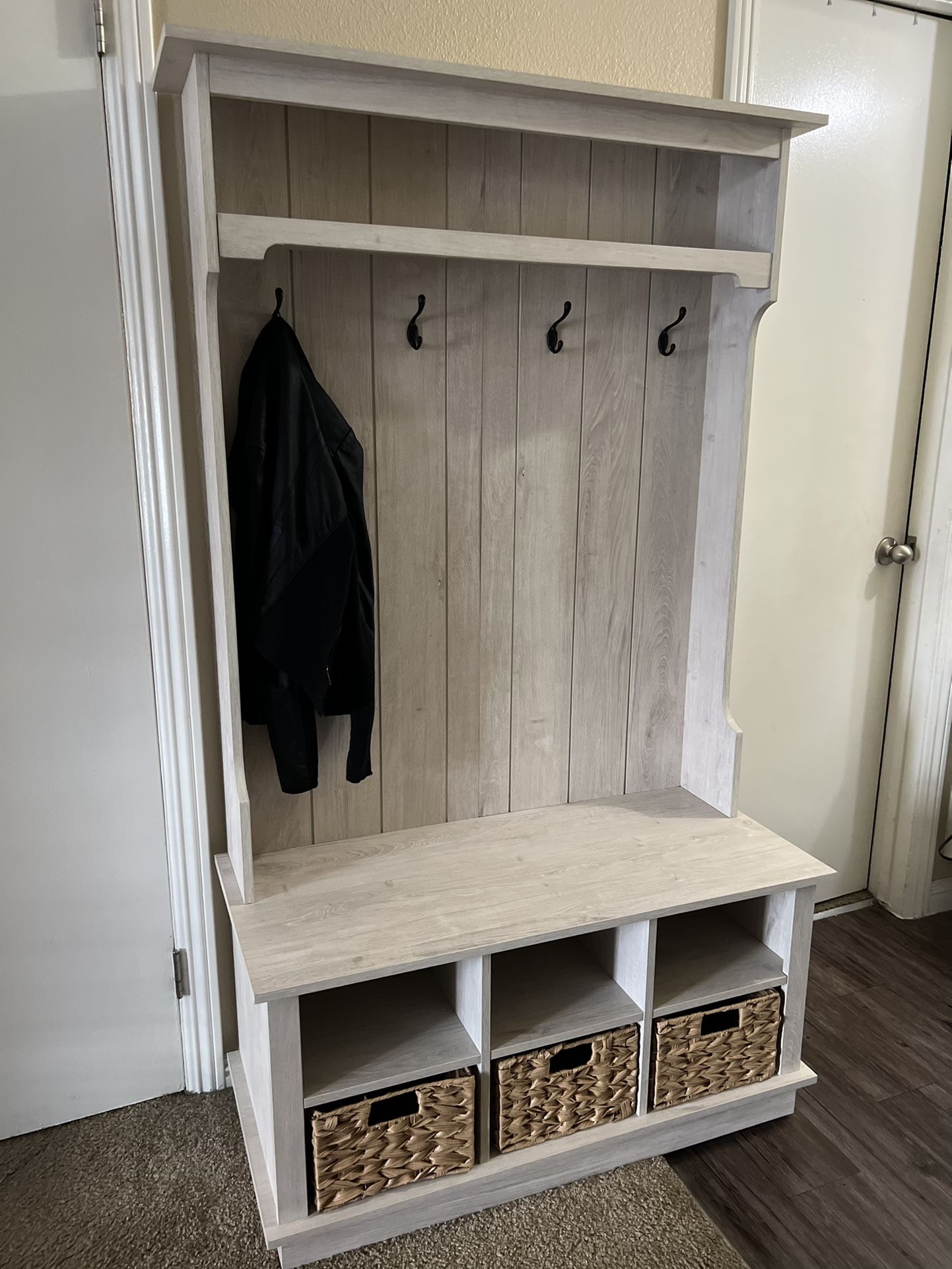 Twin-Star-Home-Fairfax-Oak-Hall-Tree-with-Baskets-SB6857