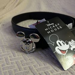 Disney Mickey Mouse Black Belt And Silver Tone Buckle Unisex 