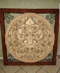 Ornate Carved Round Medallion Wall Plaque in Square Metal Scrollwork Frame