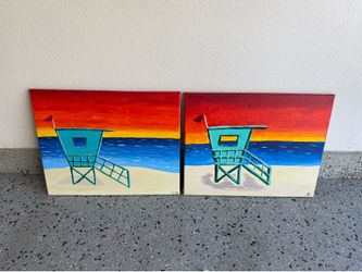Original Lifeguard Tower Sunset Acrylic Paintings - Set of 2
