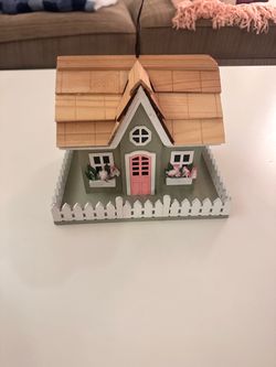 Wooden Cottage Birdhouse – Sage Green with Pink Door, Picket Fence & Flower Boxes