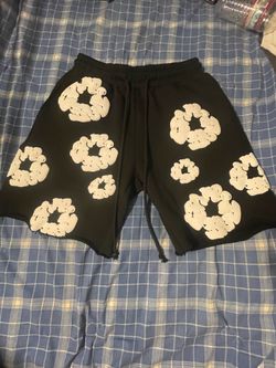 Denim Tears Men’s Sweat Shorts Black White Print Drawstring Elastic Waist M