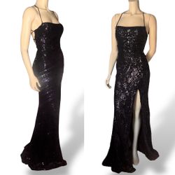 Windsor Black Elegant Sequin Mermaid Ball Gown Long High Slit Prom Dress Size L 