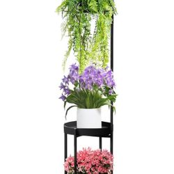 Hanging Plant Stand Indoor Outdoor, Space-Saving Corner Metal Plant Shelf 3 Potted Flower Pot Stand, 2 Tier 61" Tall Modern Planter Holder for Patio G