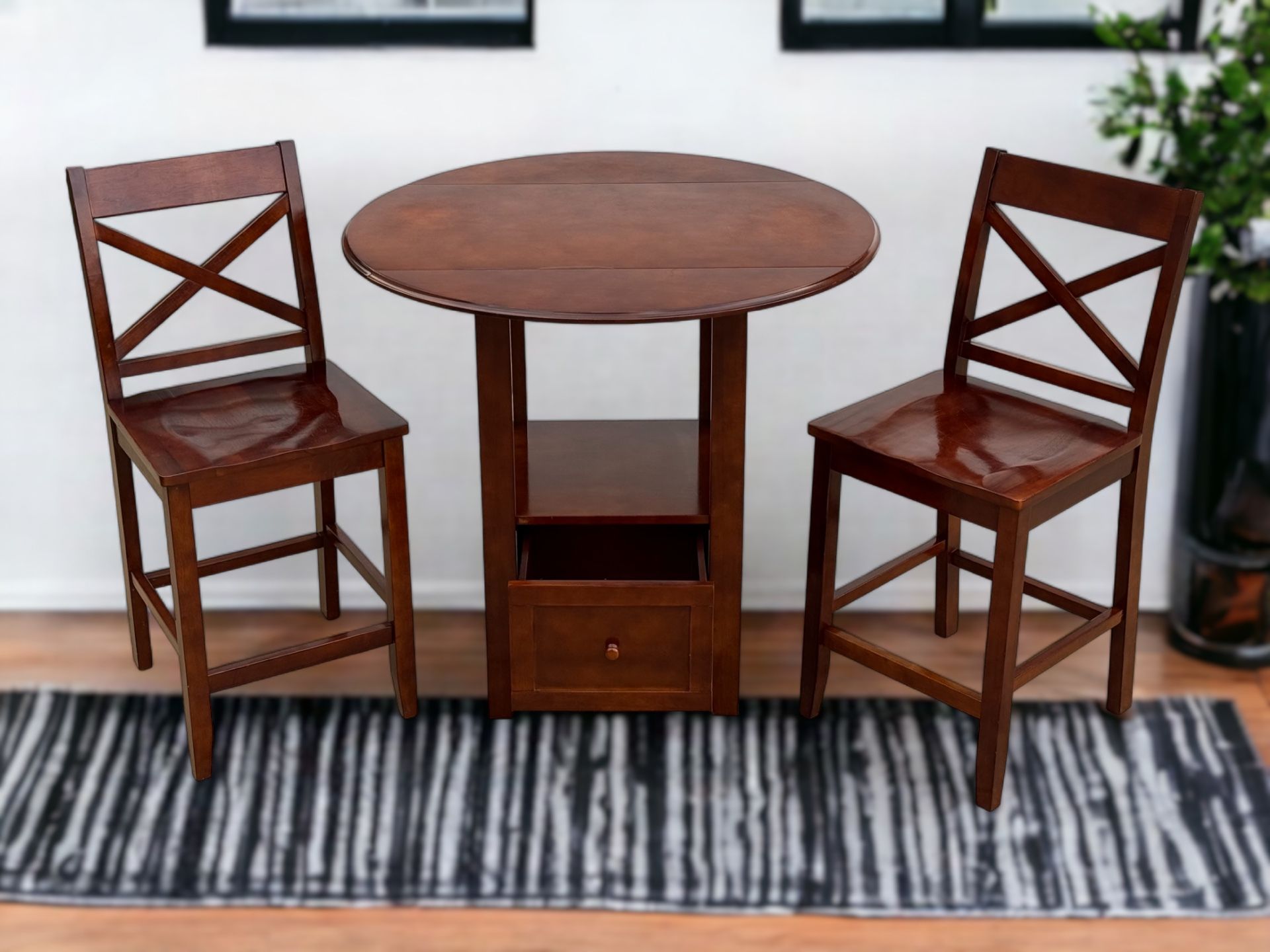 Brown Solid Wood Counter Height Round Foldable Table & 2 Chairs Set