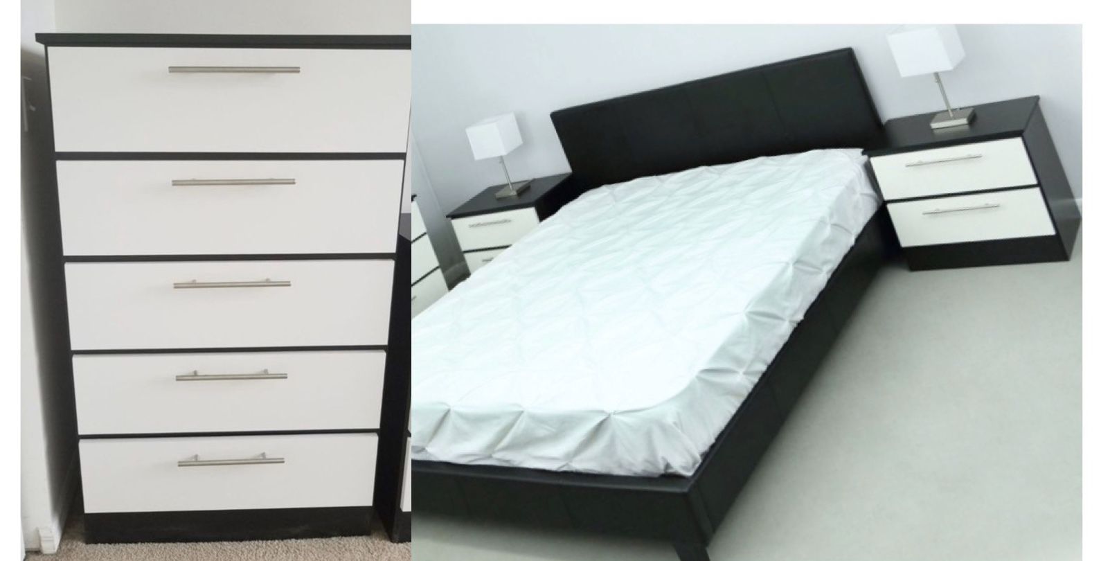 New queen platform bed frame. Two nightstands. Chest. Mattress not included. Delivery