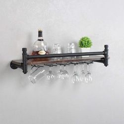 30" Industrial Pipe 1 Tier Wall Mounted Rack Wood Shelf w/ Glass Stemware Coffee Mug Holder ⭐️NEW⭐️