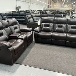 New Reclining Couch  / Love Seat .  Brown Gel Leatherette .  Free Delivery !