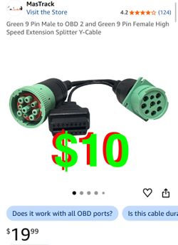 Green 9 Pin Male to OBD 2 and Green 9 Pin Female High Speed Extension Splitter Y-Cable