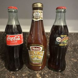 heinz field coca cola bottles and ketchup bottle vintage never opened 