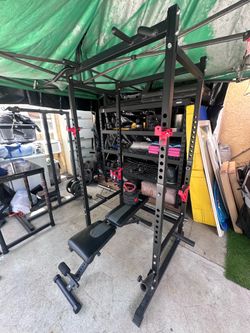 Power Rack with Adjustable Weight Bench, And add on weight kettlebell.