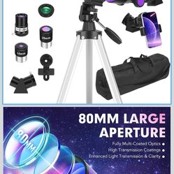 Telescope, Telescope for Adults & Kids & Astronomy Beginners, 80mm Aperture 600mm Portable Refractor Telescopes Fully Multi-Coated Optics with AZ Moun