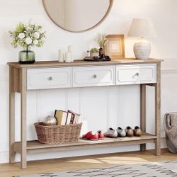 51“ Boho Rattan Console Table, Narrow Entryway Table with 3 Drawers & Open Shelf, Brown and white