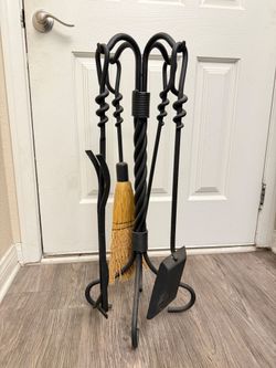 Fireplace Tool Set with Stand (Includes Brush, Shovel, Poker, Tongs + Extra Grill Cleaner)