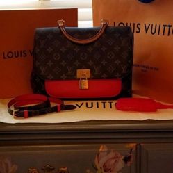 Authentic 💋 Louis Vuitton Marignan Monogram Canvas w/ red leather and strap  