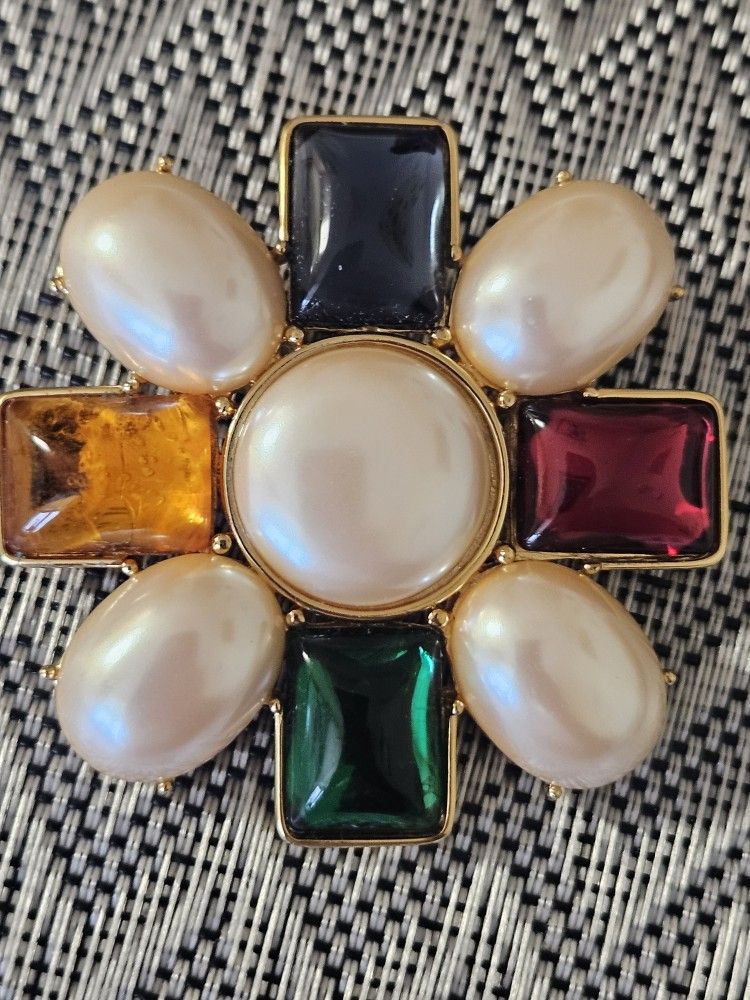 Vintage 1980s Signed Monet Goldtone Faux-Pearl & Jewel Tone Cabochon Brooch