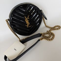 AUTHENTIC YSL SAINT LAURENT Quilted Patent Round Crossbody Bag - Black