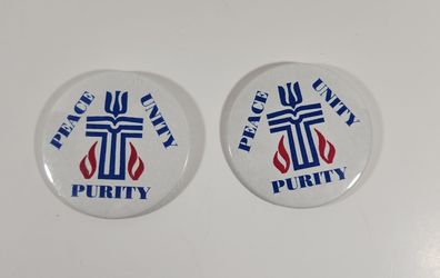 LOT OF 2 VINTAGE PEACE UNITY PURITY 3 INCH BUTTON PINS