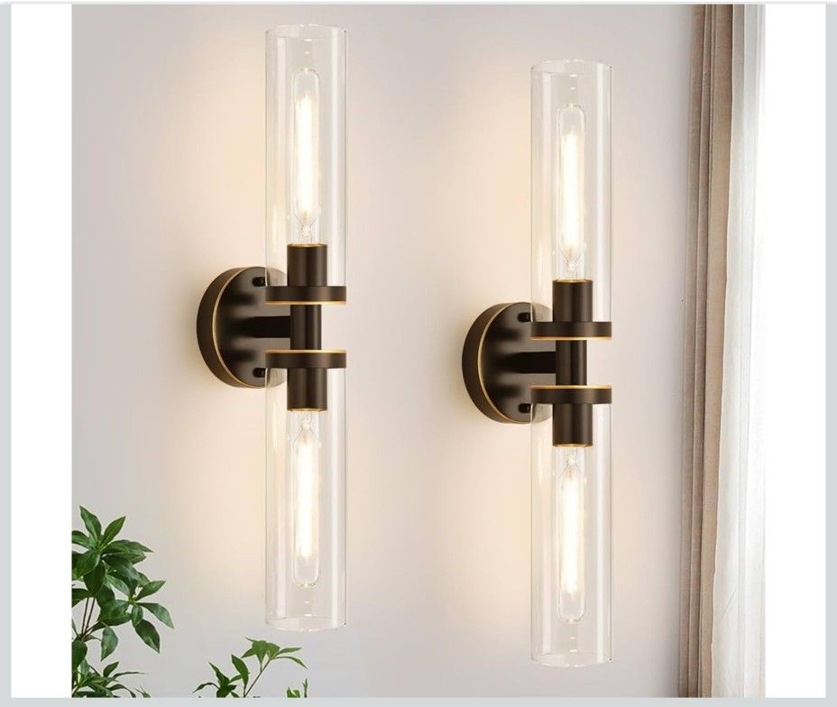 Set of Two Modern, Hardwired Brown Bathroom Sconces with Clear Glass - New In Box