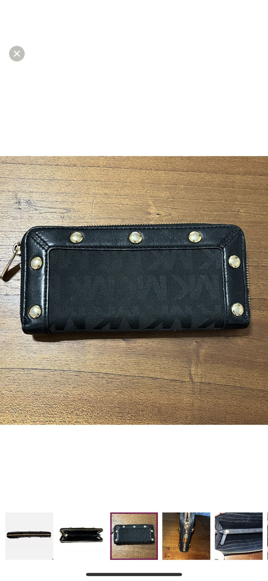 Michael Kors black on black logo, gold stud, full zip wallet